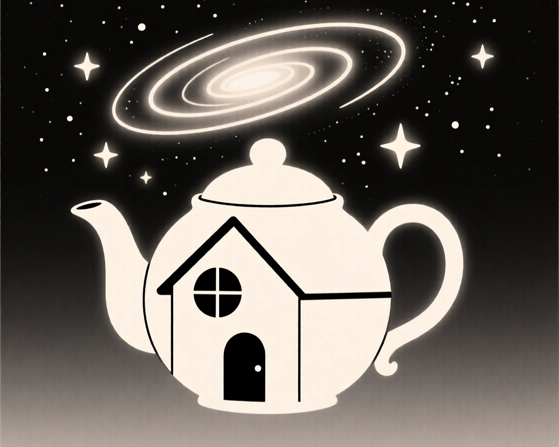 A magical tiny house built inside a teapot nestled within a galaxy swirling overhead, glowing near softly falling stardust, full of wondrous imagination.