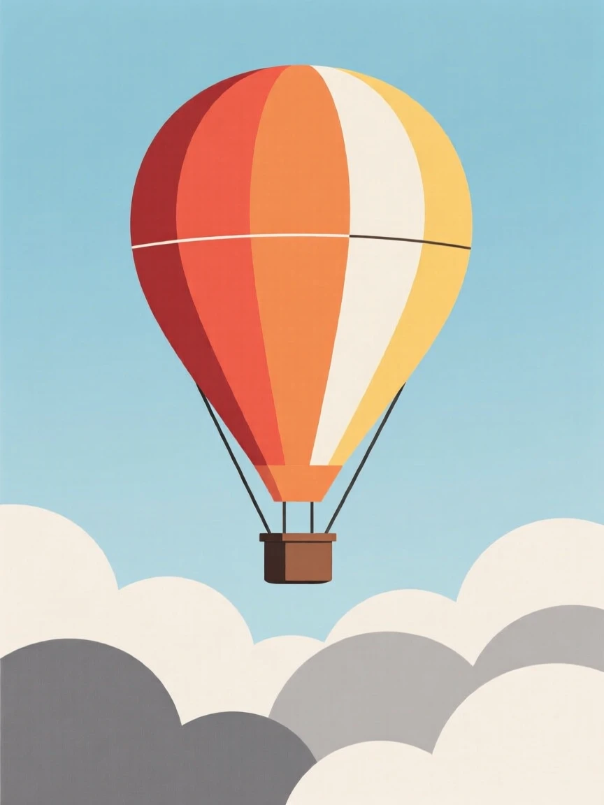 A hot air balloon rising above the clouds