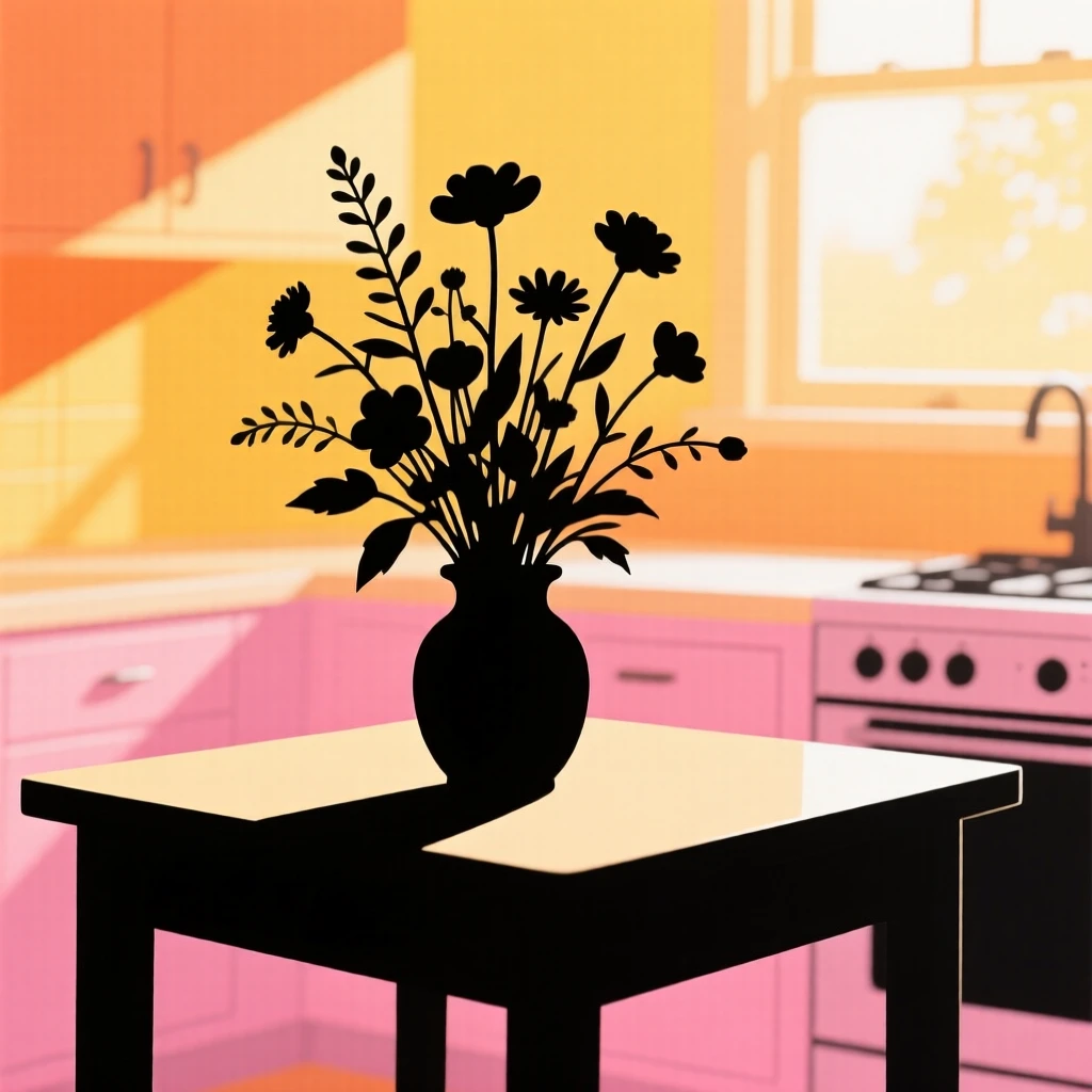A single wildflower bouquet resting on a sunlit kitchen table.