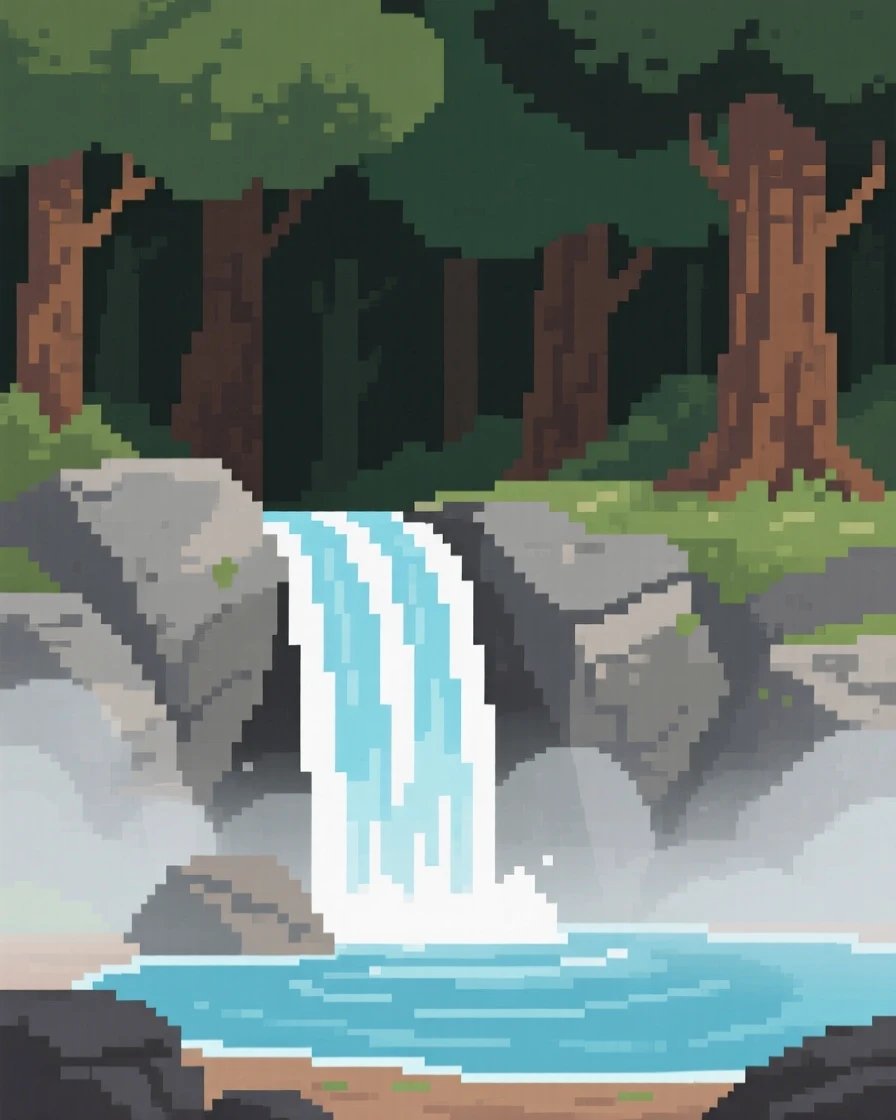 A quiet waterfall wrapped in a light morning mist, at the edge of an ancient, quiet forest.
