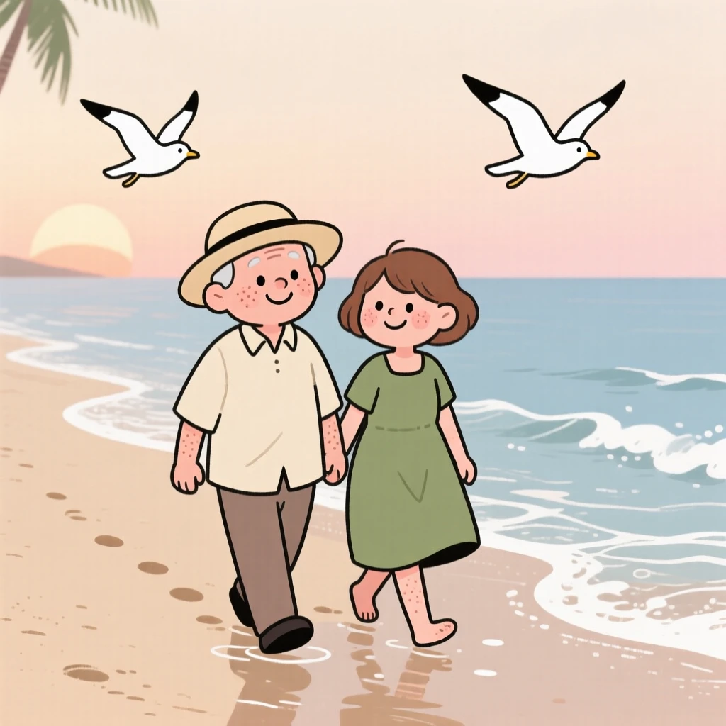 Waves roll gently onto a wide tropical beach where two old friends walk along the shoreline, leaving footprints in the wet sand as seagulls glide overhead.