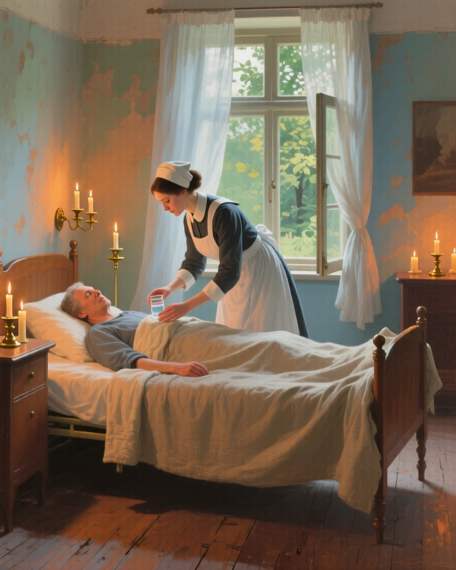 A well-framed scene of a nurse tending to a patient in a quiet candlelit ward, at midday, in a soft summer breeze.