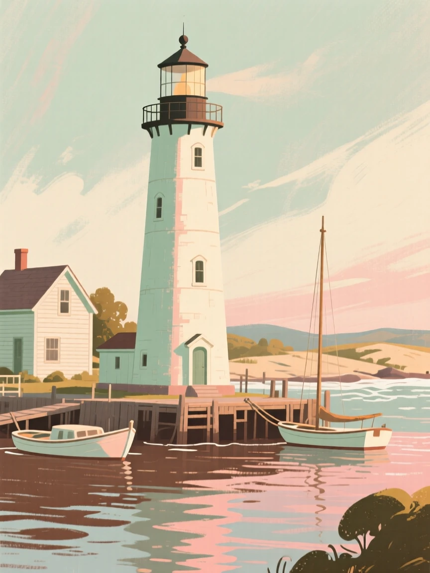 The historic lighthouse of an old New England harbor town