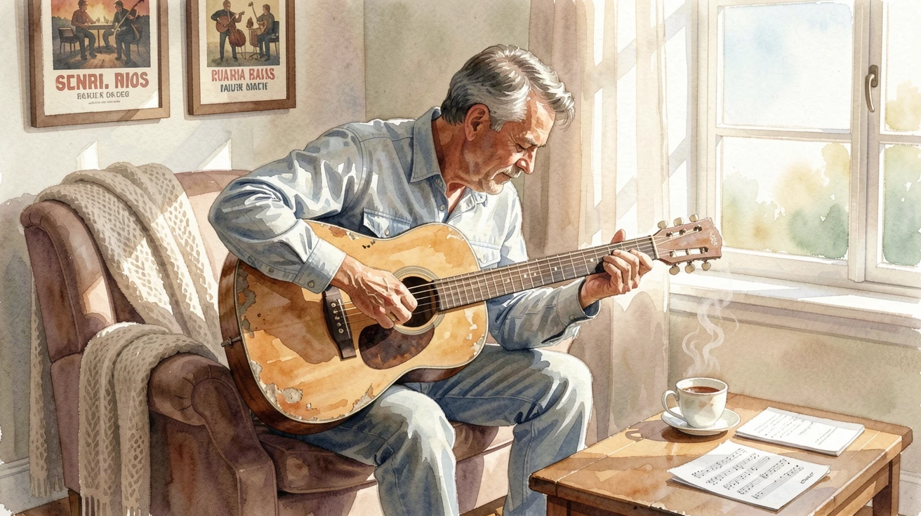 A man tuning an old guitar in his living room in a relaxed, unhurried setting.