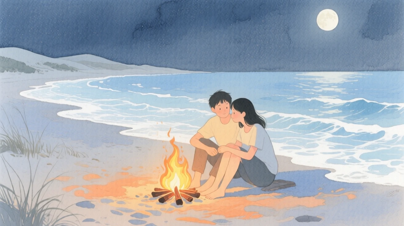 A tender moment of a moonlit beach bonfire, while the tide rolls gently onto the shore, capturing quiet affection between two people