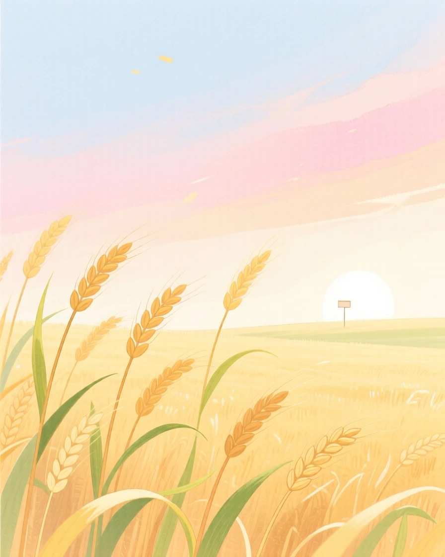 A golden wheat field swaying in the breeze bathed in warm light at first light in spring.