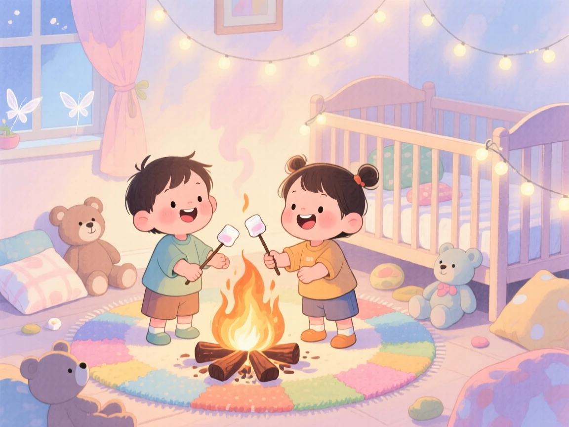 Twin toddlers holding hands roasting marshmallows over a crackling campfire, in a cozy nursery with soft pastel light, full of innocent laughter and delight.