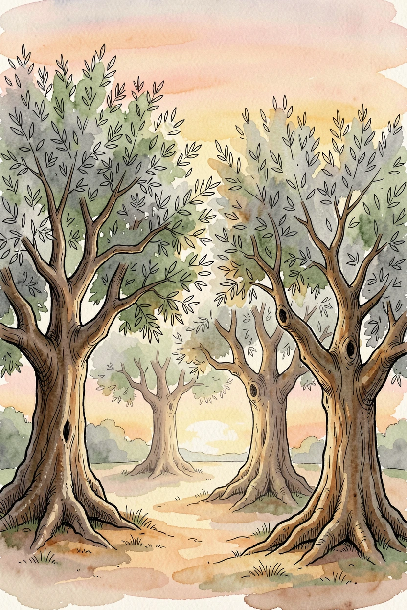 A grove of ancient olive trees twisted by centuries of wind, the last rays of sunset painting the sky in warm color.