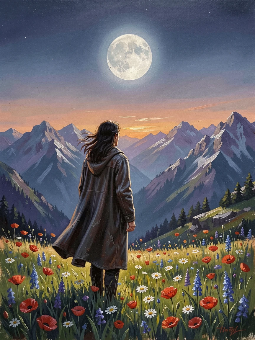 Under the gentle light of a full moon, a traveler gazing out over a sweeping mountain vista, in a sunlit meadow scattered with wildflowers, wind catching loose strands of hair.