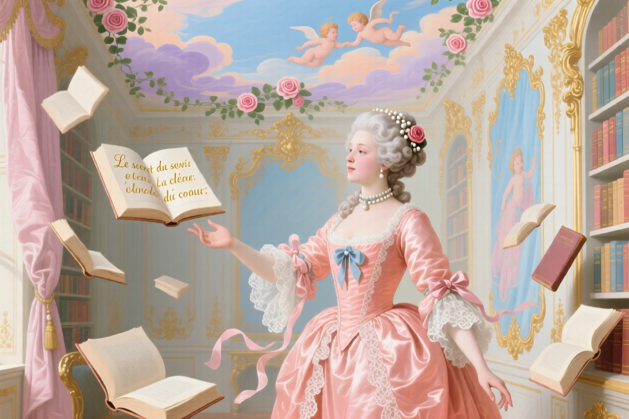 A princess in a hidden library where books float beneath a painted ceiling  