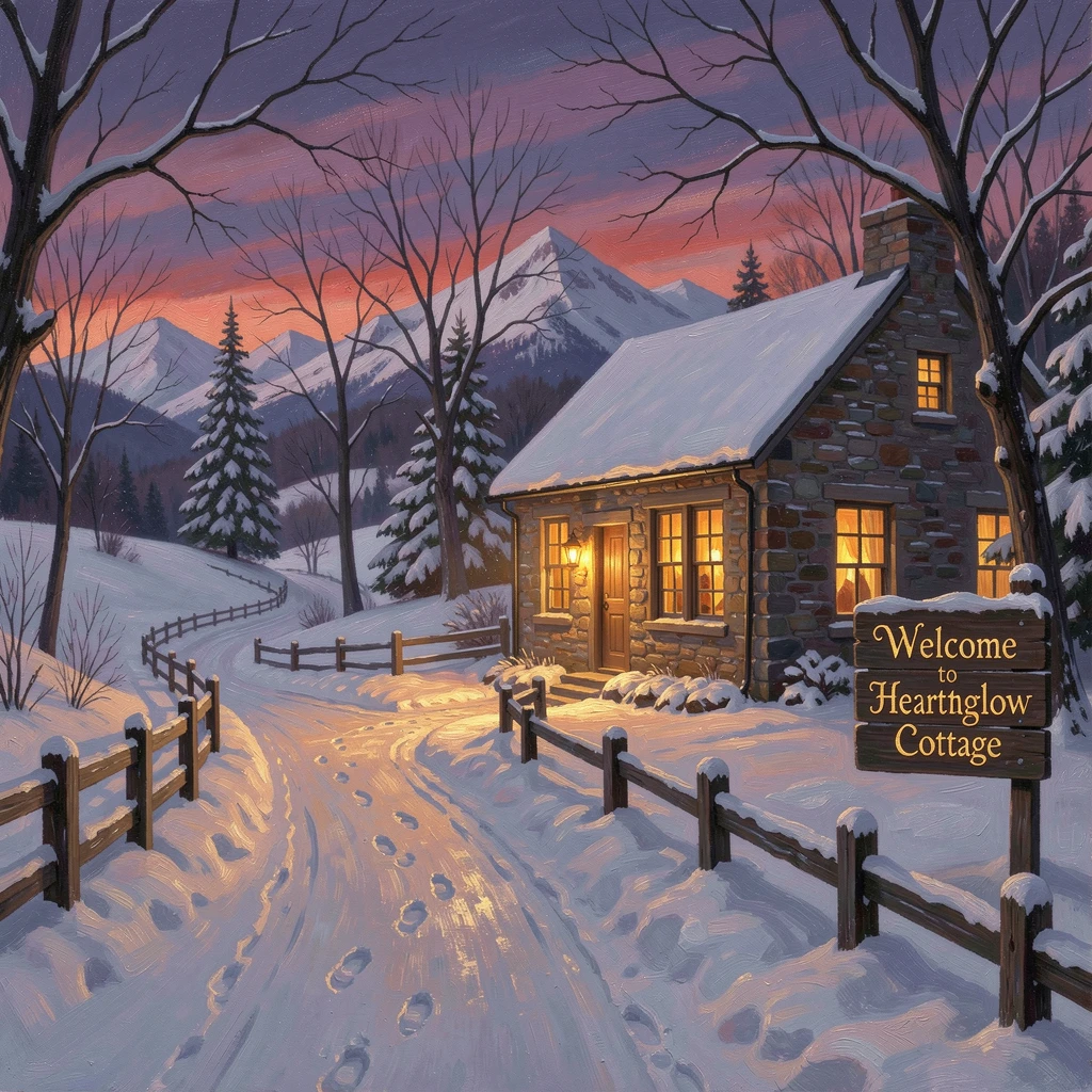 Lantern light spills from cottage windows onto a snowy village lane.
