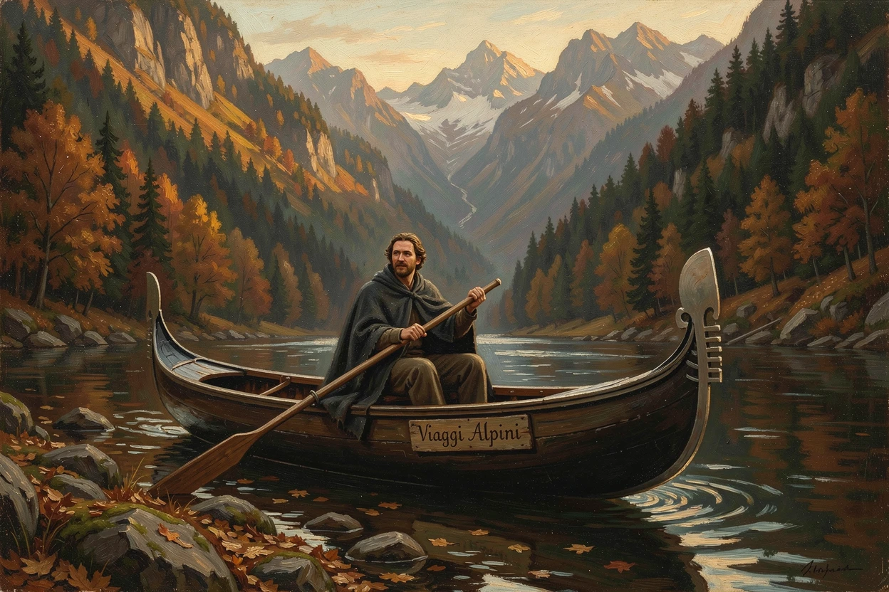 A traveler riding a gondola over a dramatic Alpine valley in autumn, as the golden light of dawn or dusk sets the perfect adventurous mood, capturing the excitement, freedom, and wonder of travel