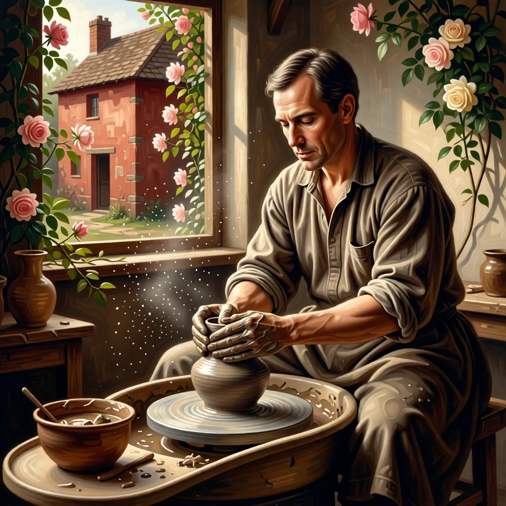 A potter shaping clay at the wheel in a sunlit workshop at the gentle heart of a simple daily ritual, set beside a rustic cottage framed by climbing roses, with soft morning light catching dust and flour in the air; the composition finds quiet monumentality in an everyday gesture, radiating simple contentment and honest labor.