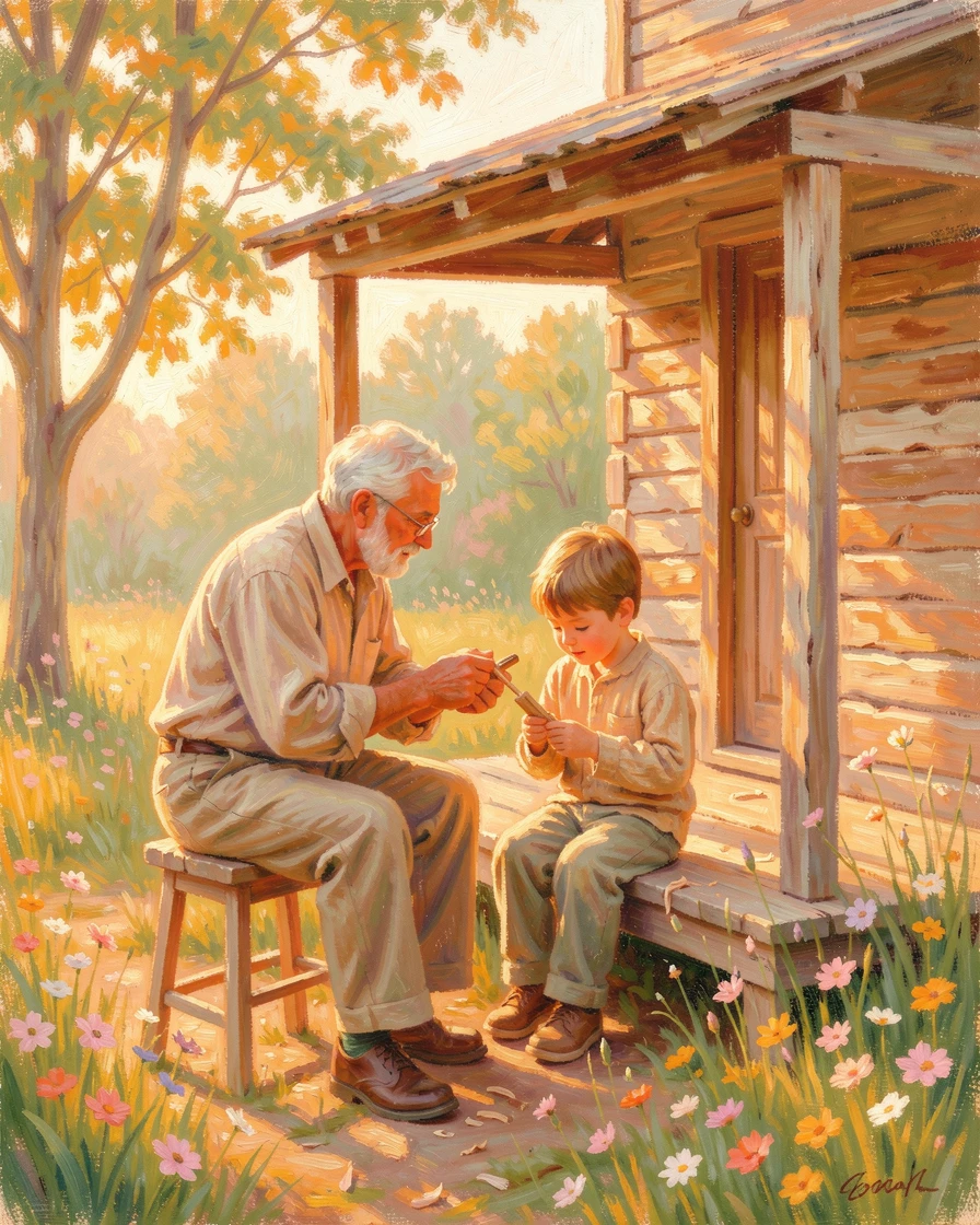 A grandfather teaching his grandson to whittle wood on the porch of a countryside cabin, at golden sunrise.