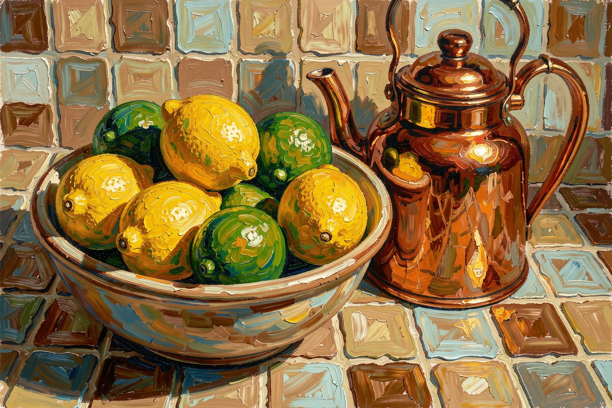 A bowl of lemons and limes arranged beside a copper kettle on a tiled countertop.