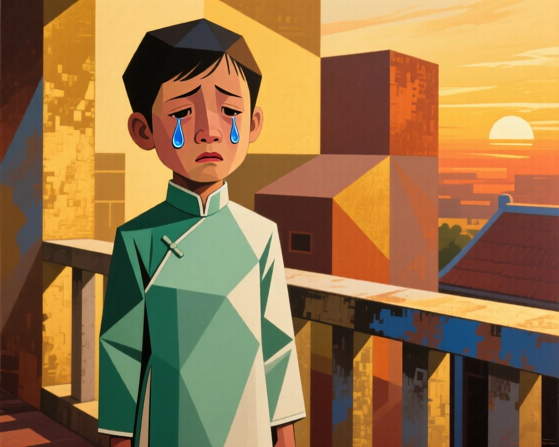 A medium shot of a young child of Vietnamese heritage shedding a single tear of relief, at golden hour on a quiet balcony.