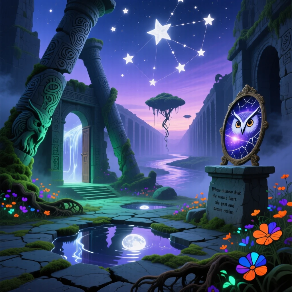 An ancient ruin where moonlight pools like liquid silver on the floor glows faintly from within as evening settles over it, as moss and wildflowers creep gently across old stone.