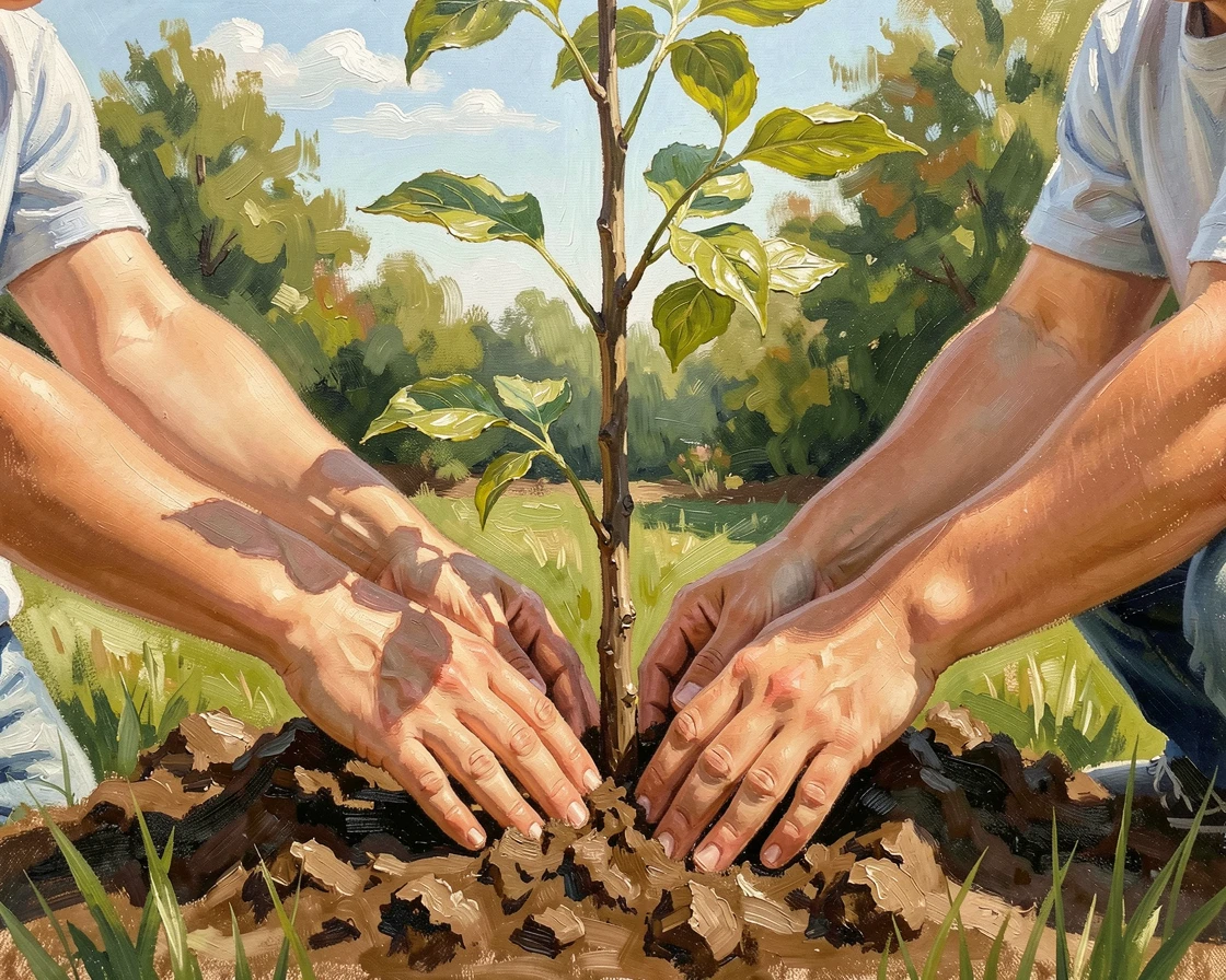 A family plants a tree together in their backyard, small hands helping pat down the soil around the young sapling, the composition drawing attention to small, telling gestures that reveal character and mood.