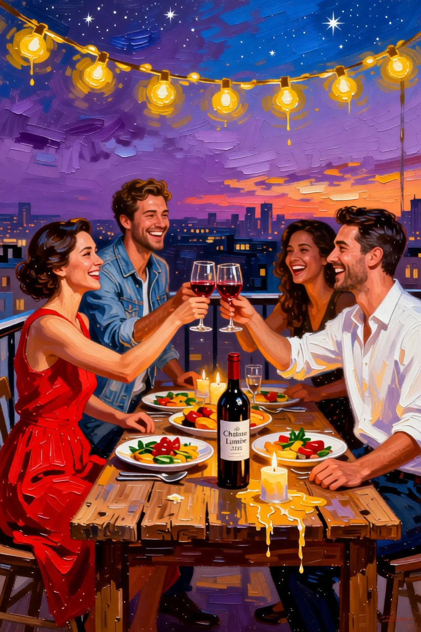 A group of friends toasting glasses together at a rooftop dinner under string lights