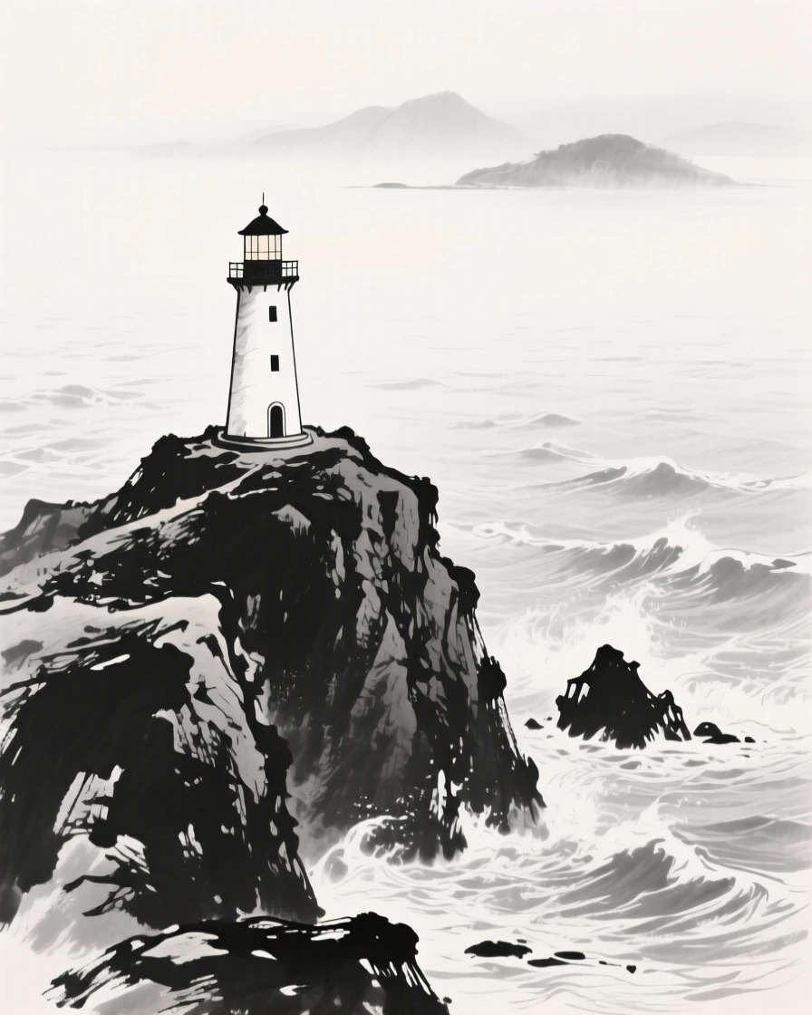 A lighthouse stands atop a rocky headland overlooking a stormy sea, with distant islands rising faintly from the sea.