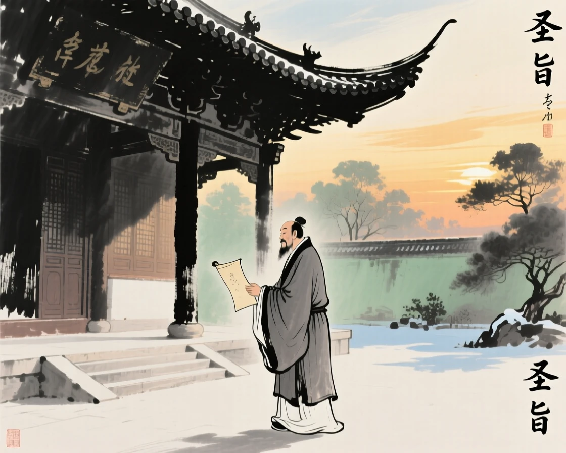 A scholar receiving an imperial edict beneath the eaves of a great hall, brimming with peaceful contentment, in the last golden light of day, in the mild days of early winter.