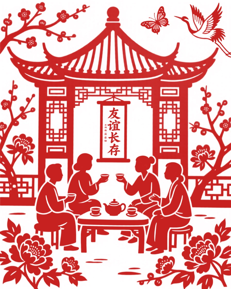 A group of friends sharing tea and conversation in a garden pavilion on a warm afternoon