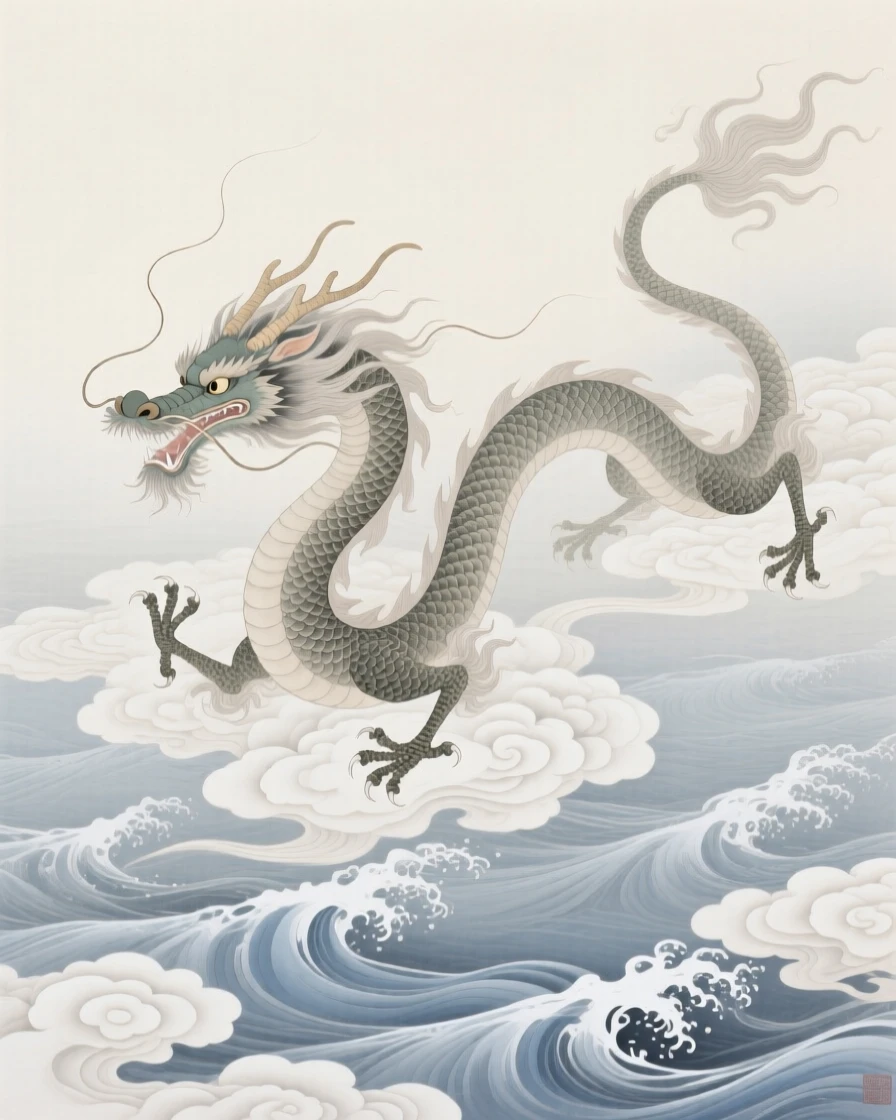 A dragon with whiskers streaming behind it above a sea of swirling clouds