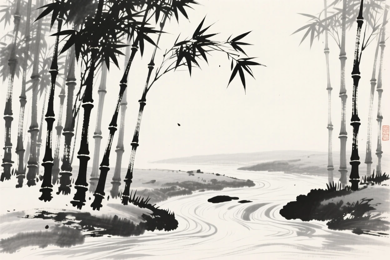 A grove of tall bamboo along the bank of a slow-moving stream, rendered in close, intimate detail, conveying gentle stillness and natural harmony.