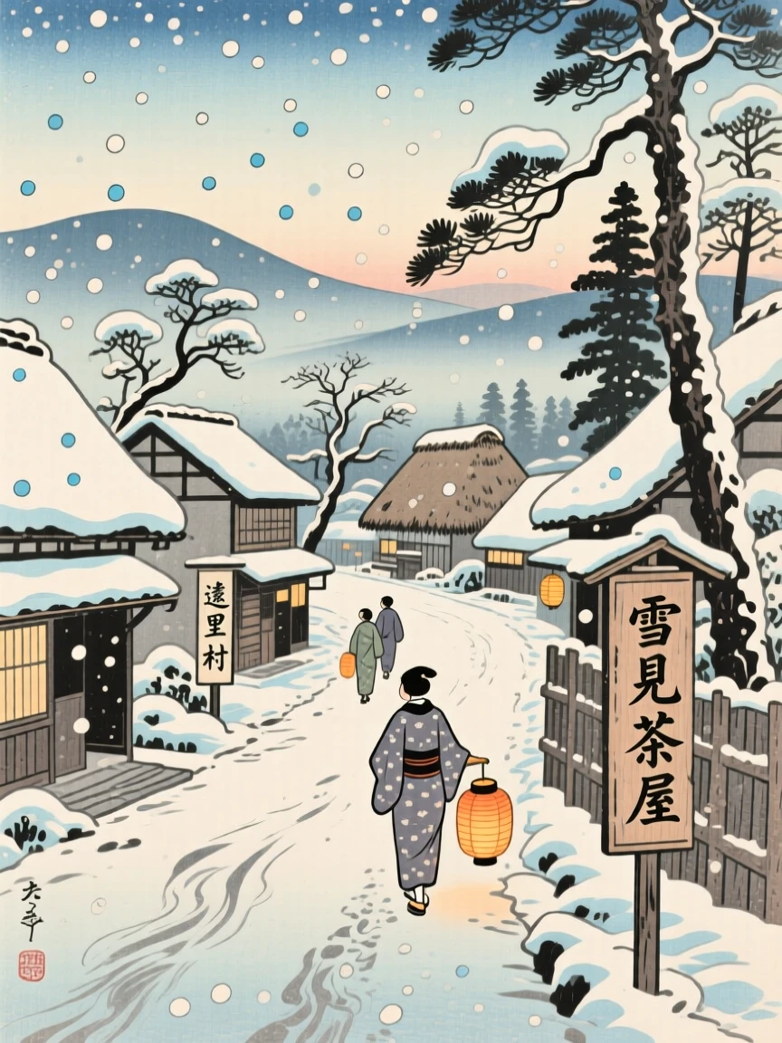Gentle snowfall blanketing a quiet village street, far from any city light.