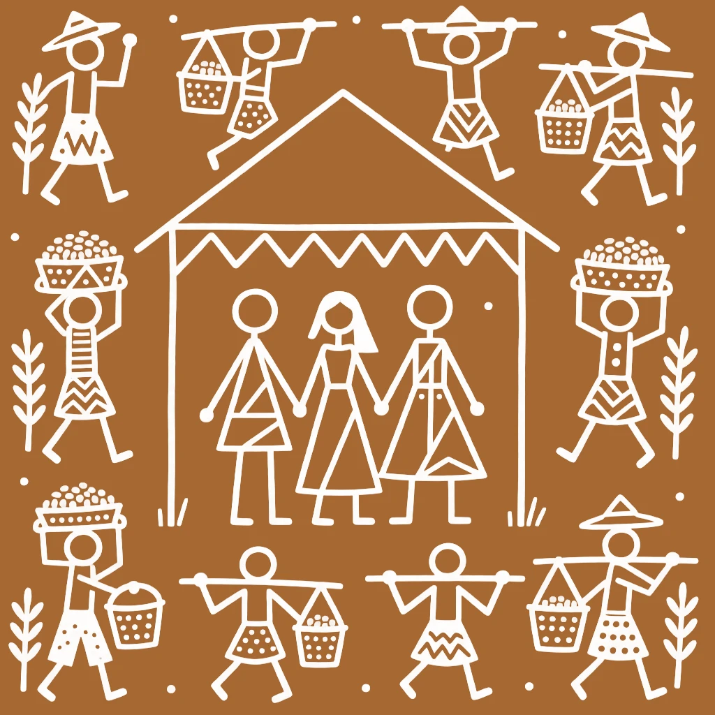 A composition centered on a wedding canopy surrounded by farmers carrying baskets of grain.