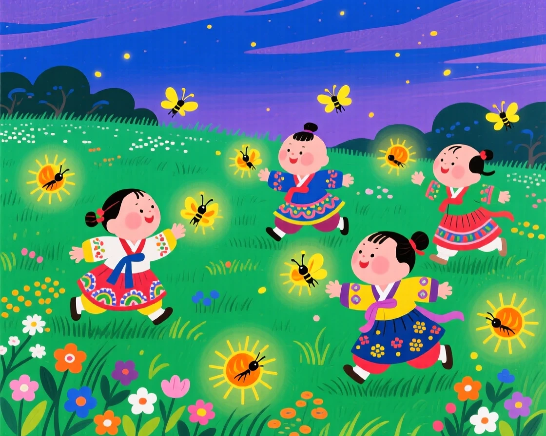 Children chasing fireflies in a summer meadow during a quiet summer evening.