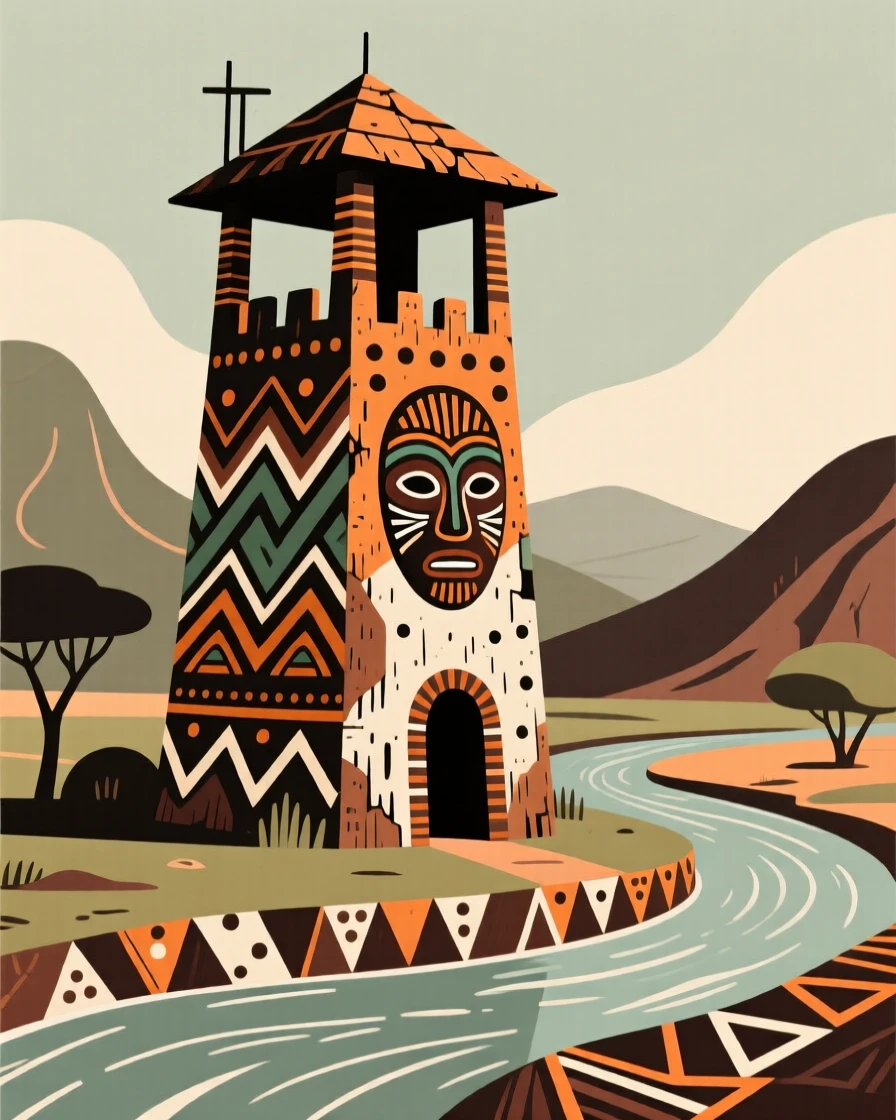A weathered watchtower overlooking a quiet river valley.