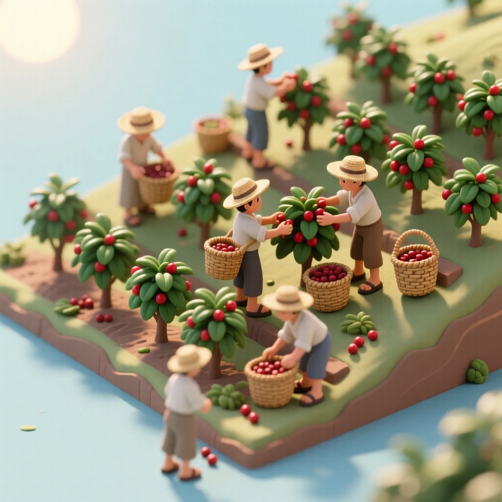 A colonial Brazilian coffee plantation with rows of trees on a hillside, workers harvesting beans into woven baskets.