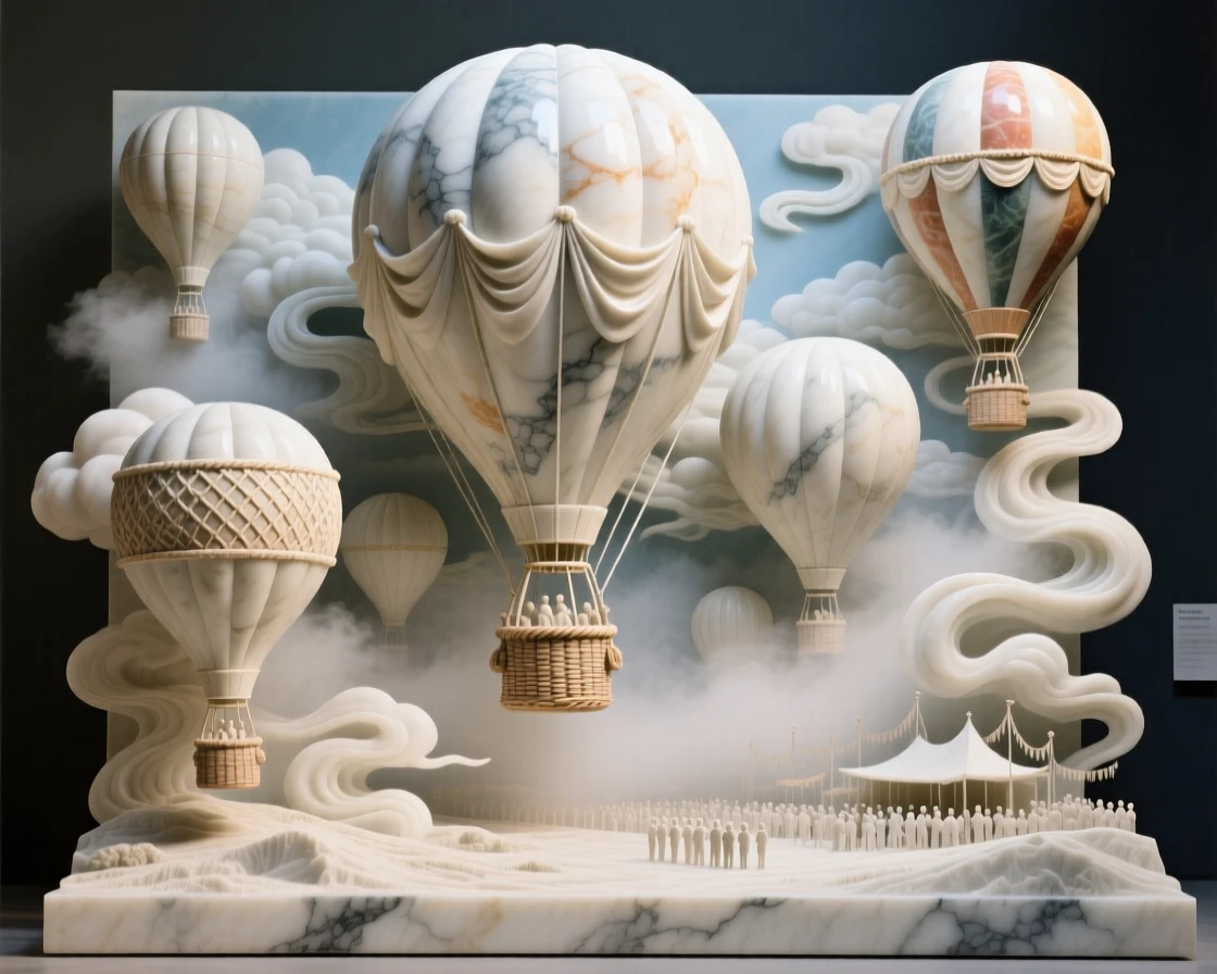 An evocative depiction of a hot-air balloon festival filling the sky with color, amid swirling clouds and mist, balancing detail with emotional depth