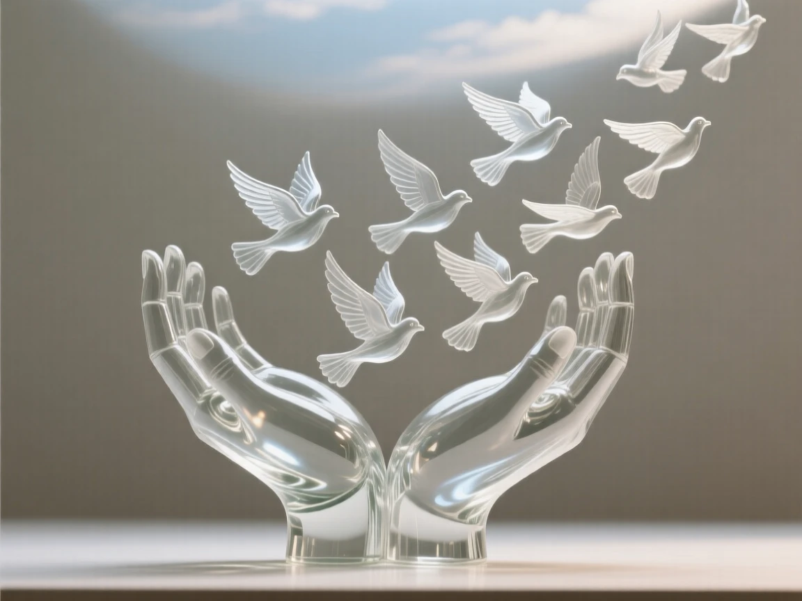 A pair of hands cupped together releasing a flock of doves beneath a sky filled with softly drifting light