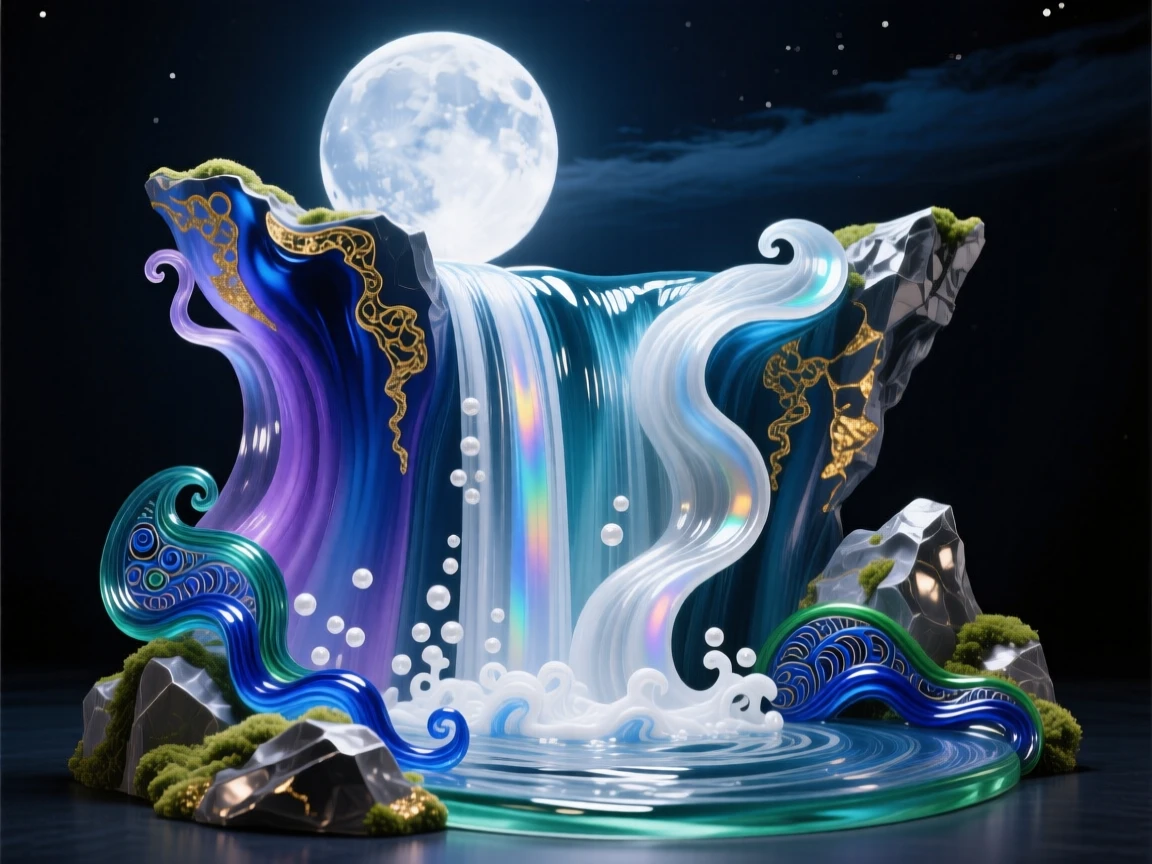 A grand waterfall glowing beneath the softest light of a rising full moon at the deepest midnight, mystical and serene.