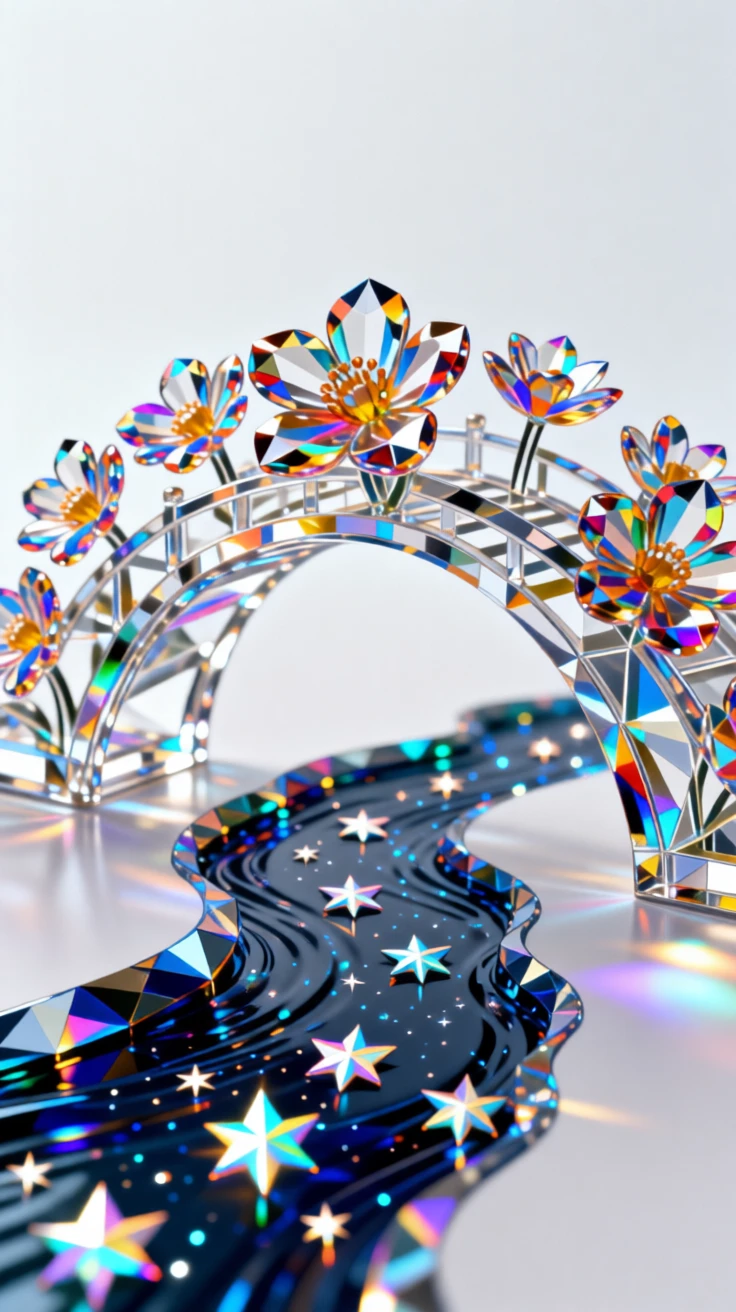 A dreamlike bridge of blooming flowers arching over a river of stars.