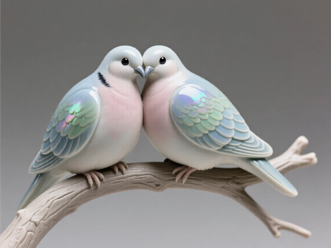A pair of doves nestled together poised delicately on a slender branch, with iridescent feathers catching the light, capturing a serene moment suspended in time.