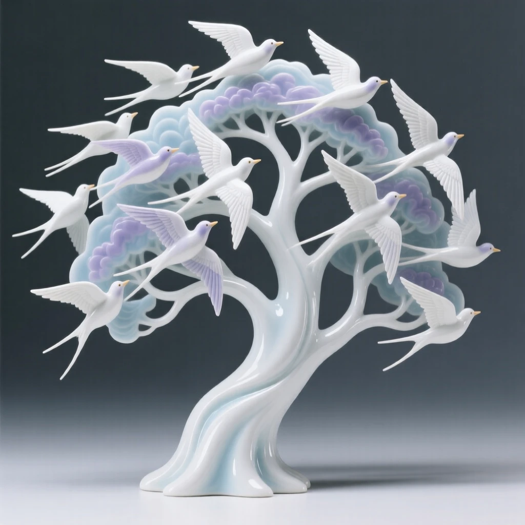 A dreamlike scene of a flock of birds forming the shape of a great tree in flight, balanced between the familiar and the fantastical.