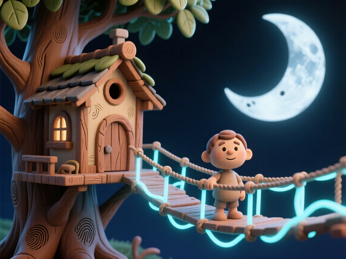 A treehouse connected to the moon by a rope bridge of light