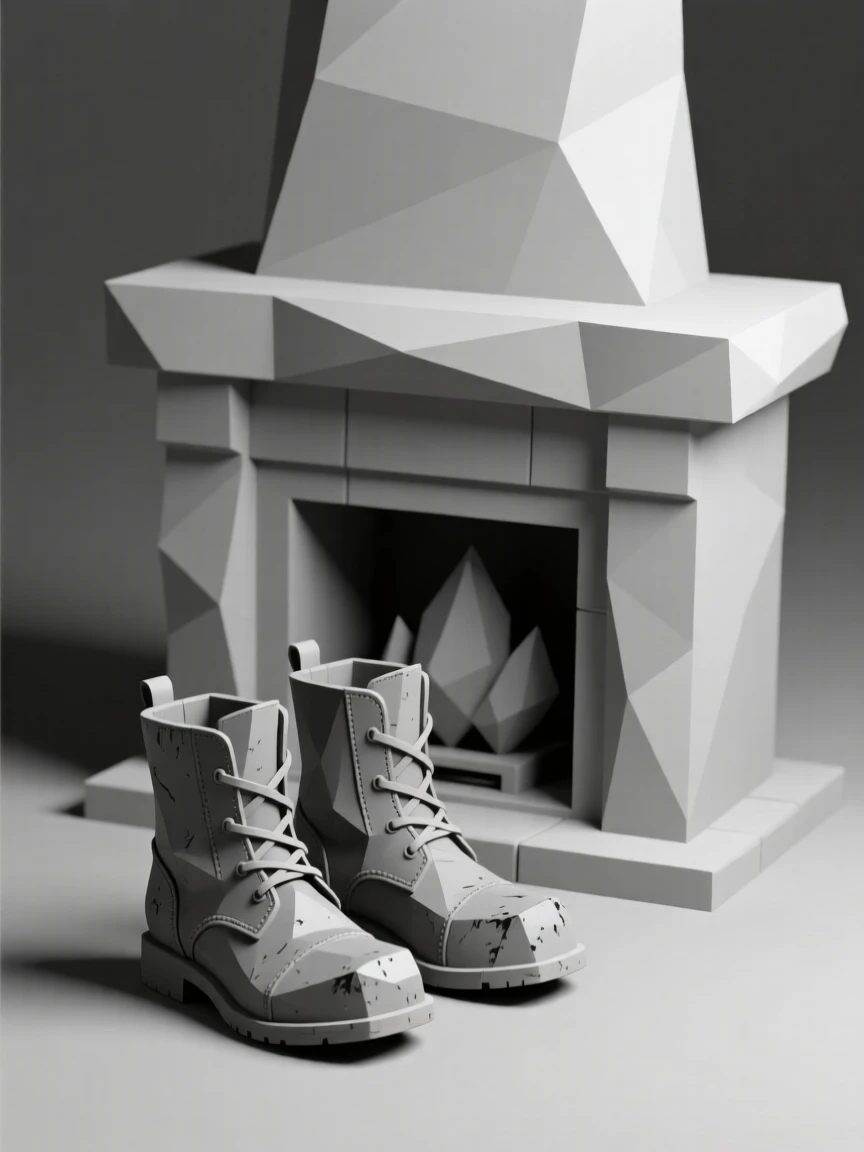 A pair of worn leather boots by a fireplace, surrounded by soft shadows. muted tones give the scene a timeless quality. The scene feels nostalgic and quiet.