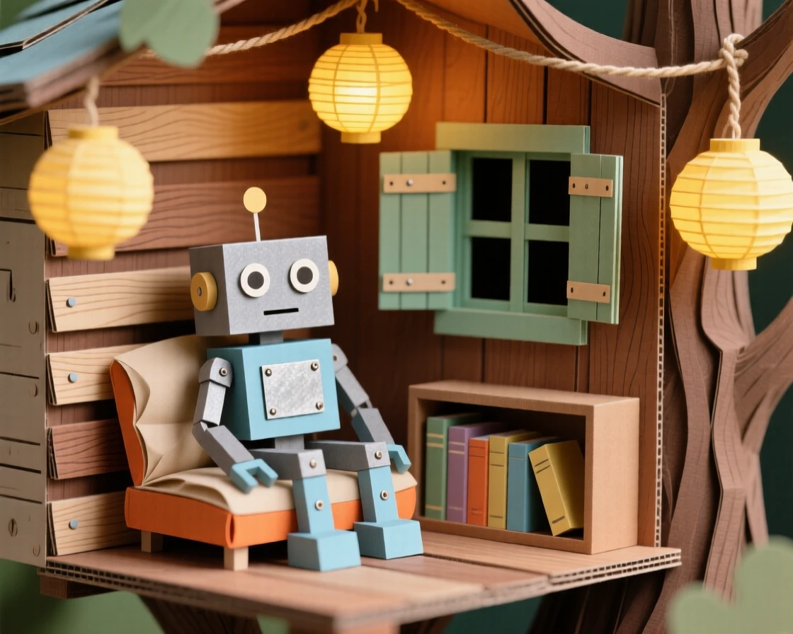 A curious little robot nestled in a cozy treehouse nook, with a soft warm glow surrounding it, capturing joyful, lighthearted wonder.