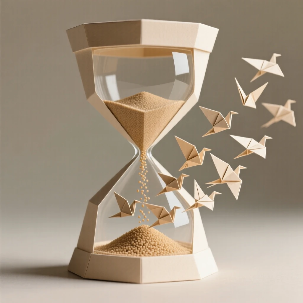 A single hourglass where falling sand transforms into a flock of tiny birds.