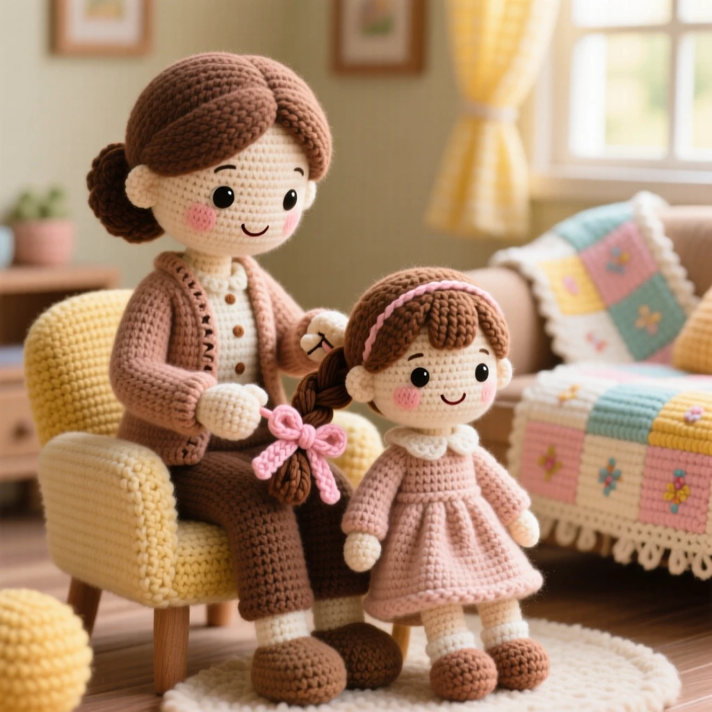 a mother braiding her daughter's hair, sitting together in morning light, is captured tying the final ribbon with care in a warm and welcoming family living room beside a warm quilt draped over a nearby chair, showing quiet tenderness between generations.