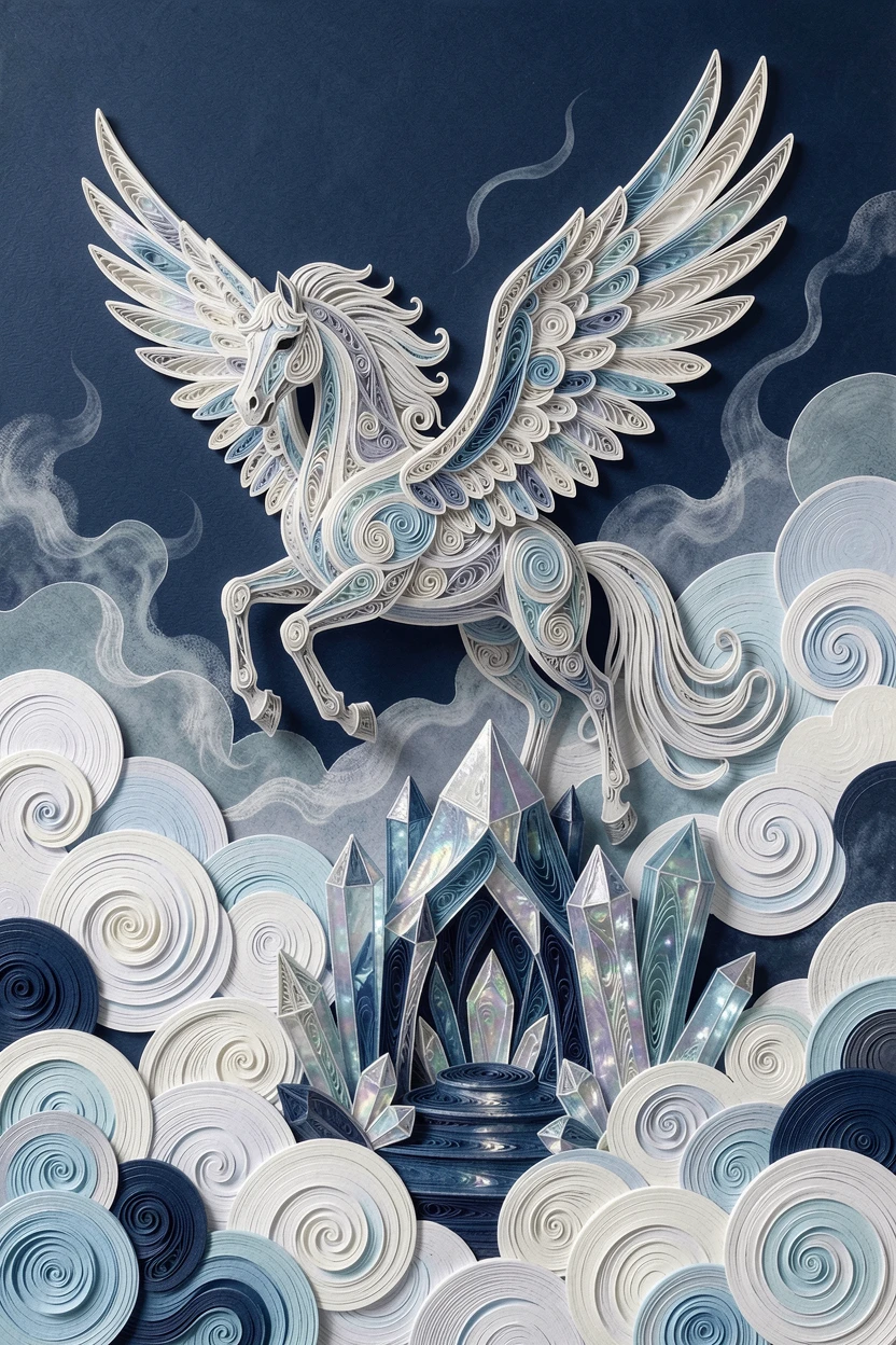 a pegasus soaring above a sea of clouds, within a crystal grotto glowing from within, composed with soft ethereal mist drifting through the scene, in deep midnight blues accented with silver.