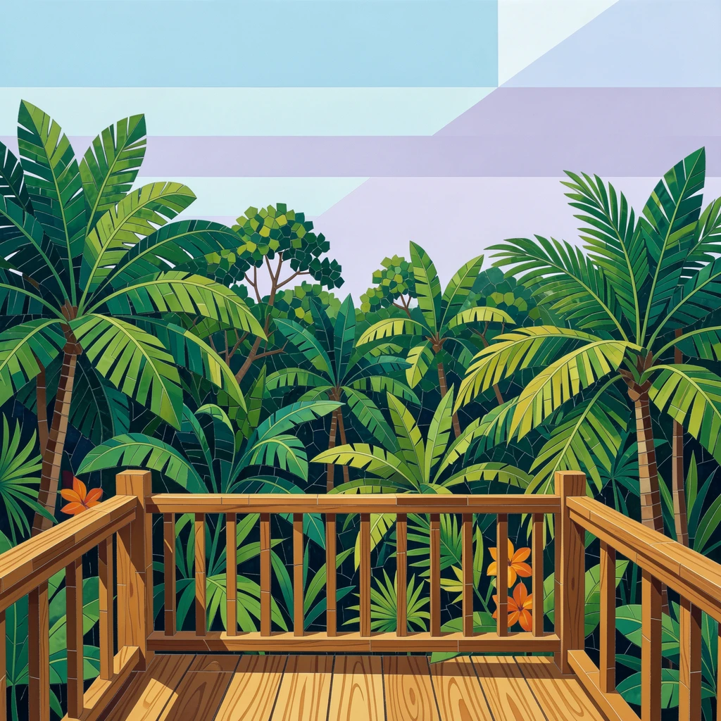 A tropical rainforest canopy viewed from a high wooden lookout.