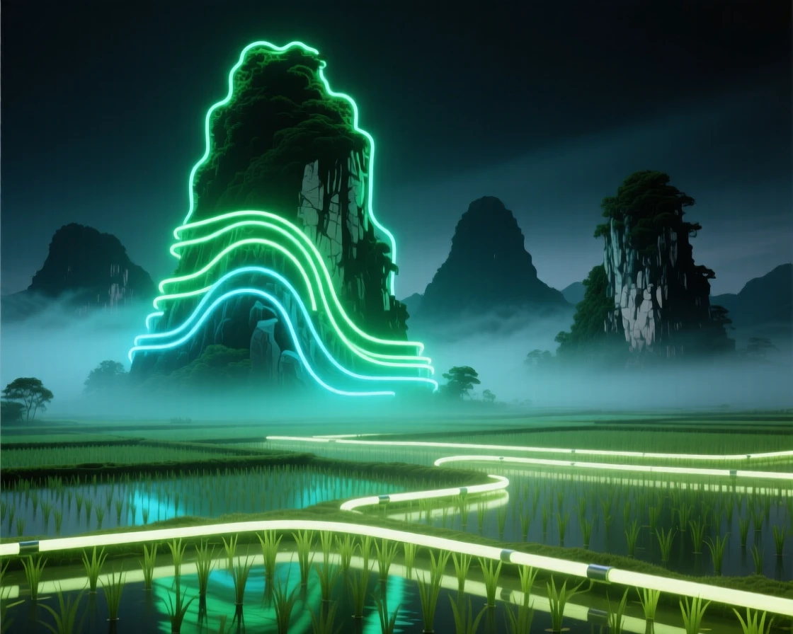 A ground-level view emphasizing the scale of a limestone karst landscape rising from misty rice paddies.