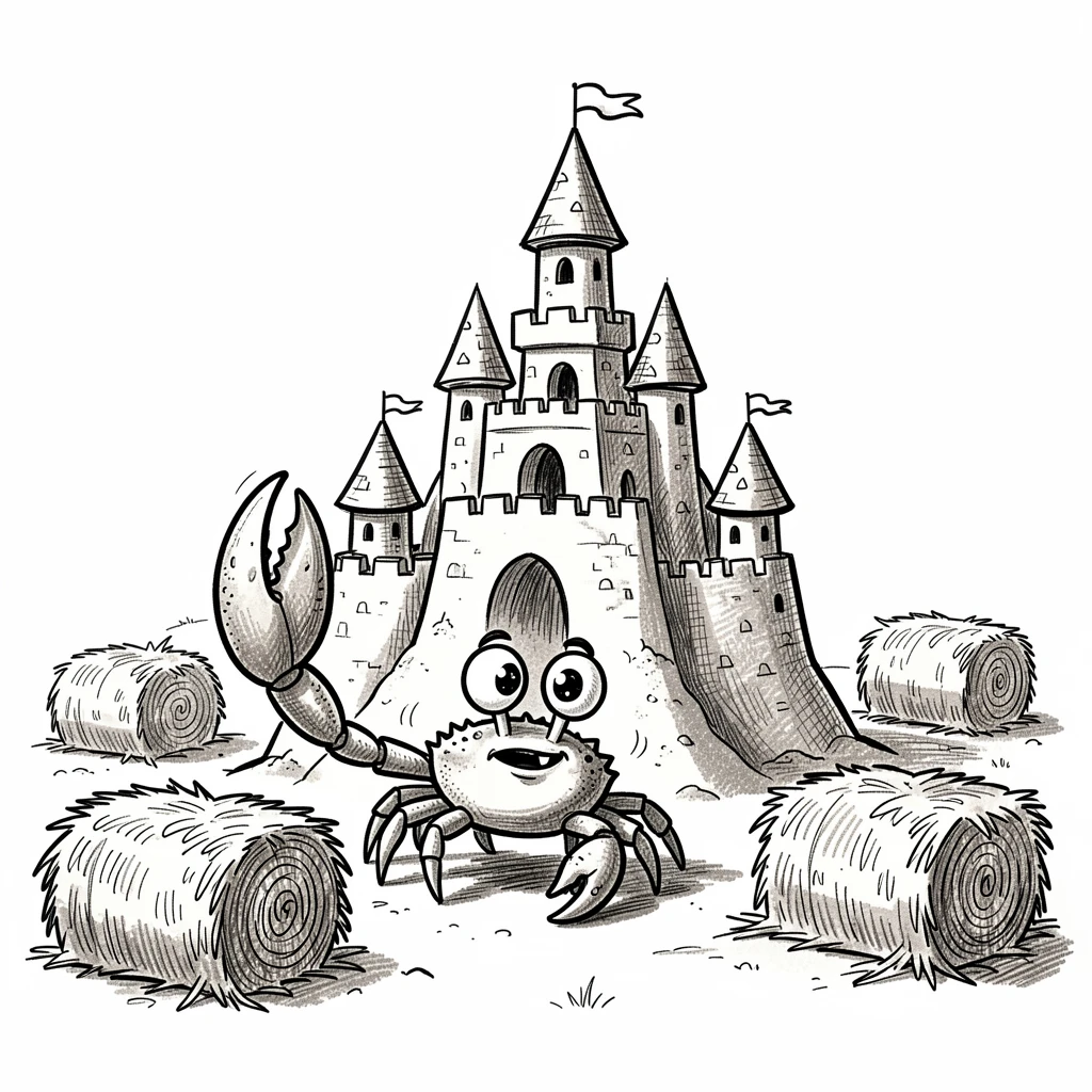 A crab building a sandcastle bigger than itself in a barnyard full of hay bales.