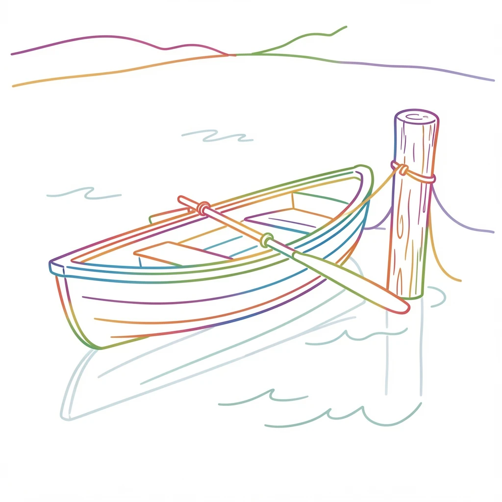 A single rowing boat tied to a weathered post beside a still pond.