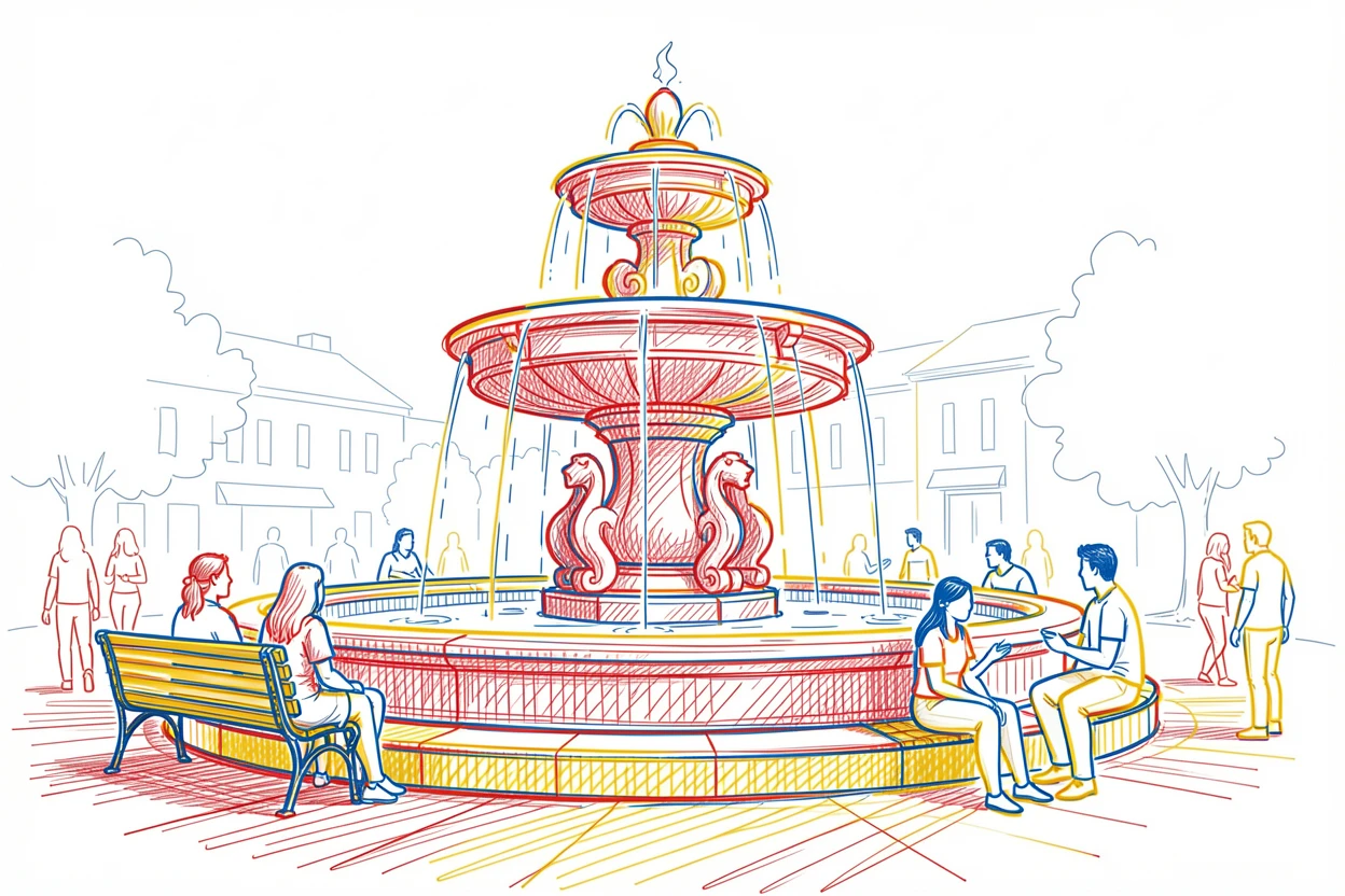 A busy plaza fountain surrounded by people relaxing on a summer afternoon
